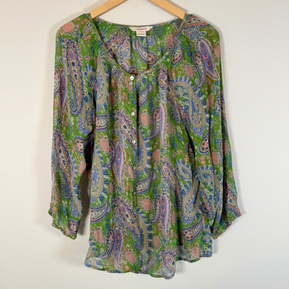 Sundance 100% Silk Paisley Blouse XL Green Button Up Front Smocked Peasant Top